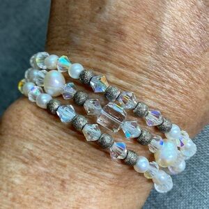 Vintage 925 Multi-Strand Freshwater Pearl & Aurora Borealis Crystal Bracelet
